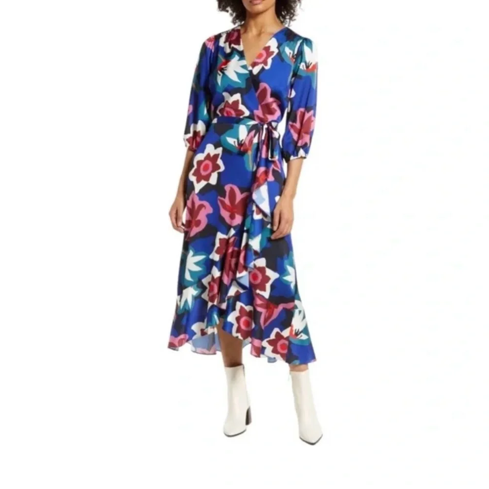 Sam Edelman Matisse Floral Faux Wrap Midi Dress Cobalt Multi 3/4 Sleeve - Picture 1 of 11